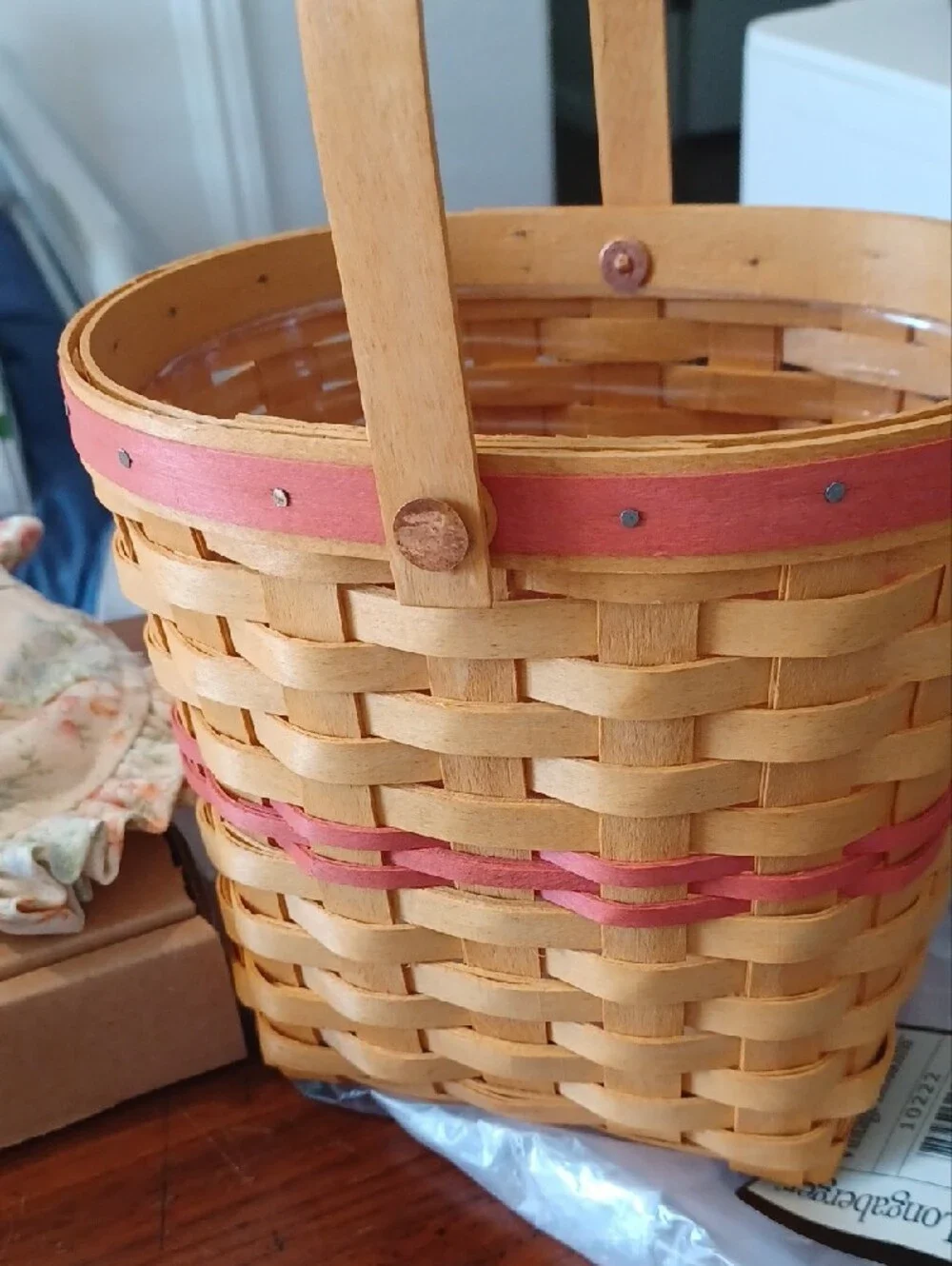 Longaberger Wooden Basket Lid with Floral Knob - Natural Wood and Pink & Basket